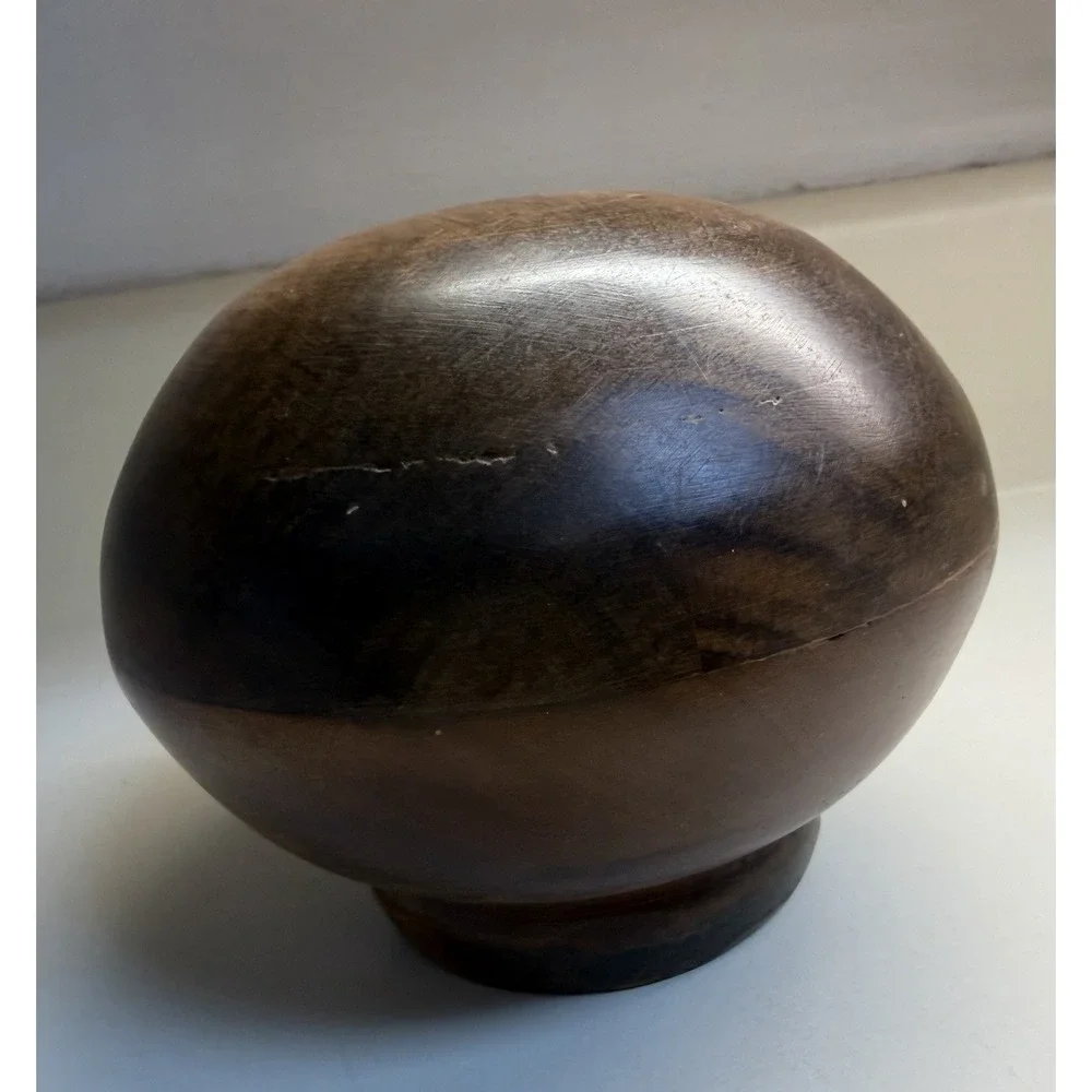 Vintage MCM Monkey Pod Wood Orb Salt Cellar/Nut Bowl, W/Spoon! EUC